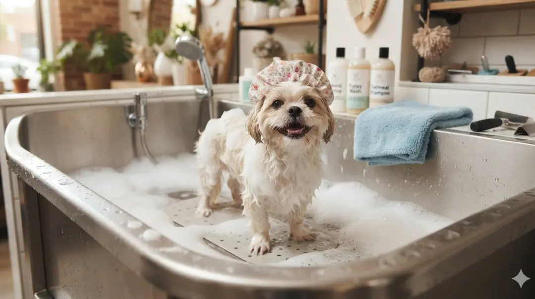 Cão de pequeno porte durante um banho cuidadoso